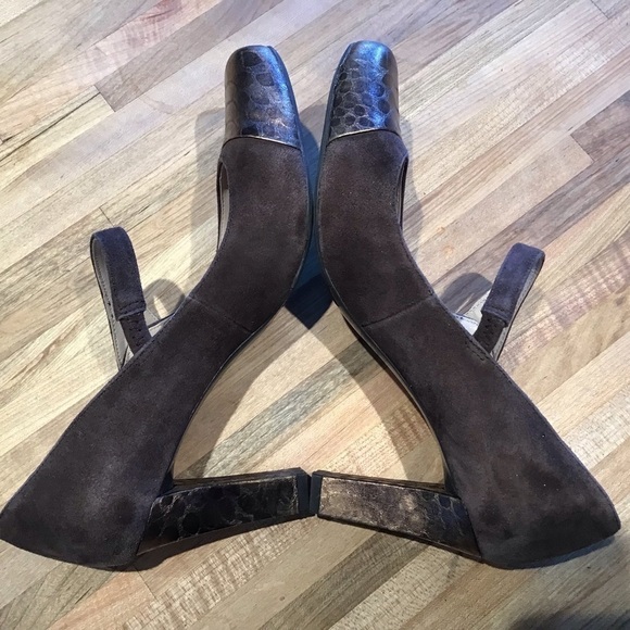Franco Sarto Brown Suede Ulrich Mary Jane Bronze Cap Toe Heels Size 7.5 M. - Picture 6 of 10